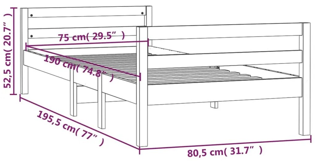 Πλαίσιο Κρεβατιού Γκρι 75 x 190 εκ. από Μασίφ Ξύλο Πεύκου - Γκρι