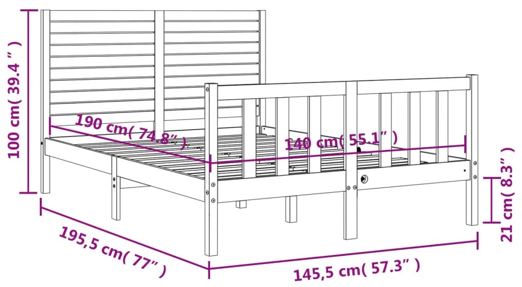 Πλαίσιο Κρεβατιού με Κεφαλάρι Μαύρο 140x190 εκ. Μασίφ Ξύλο - Μαύρο