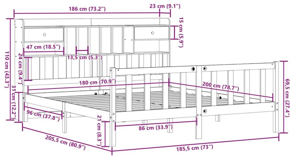 Κρεβάτι Βιβλιοθήκη Χωρίς Στρώμα 180x200 εκ Μασίφ Ξύλο Πεύκου - Καφέ