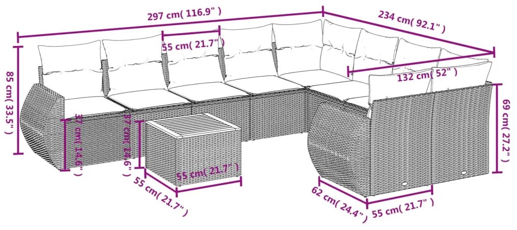 vidaXL Σαλόνι Κήπου Σετ 10 Τεμαχίων Μαύρο Συνθετικό Ρατάν με Μαξιλάρια