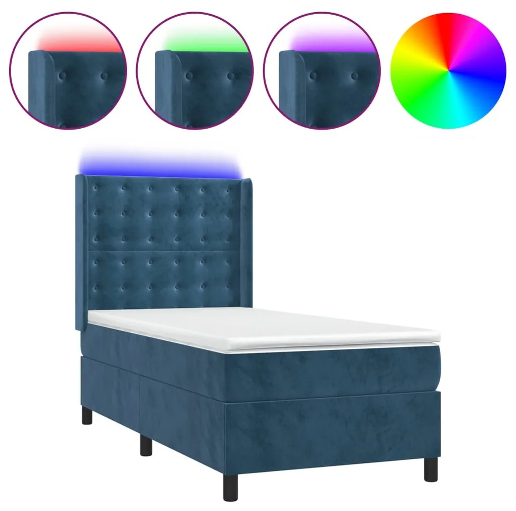 vidaXL Κρεβάτι Boxspring με Στρώμα & LED Σκ. Μπλε 90x200 εκ. Βελούδινο