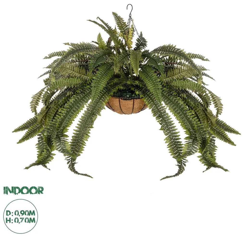 20622 GloboStar®  Artificial Garden FERN HANGING PLANT 20622 Τεχνητό Κρεμαστό Διακοσμητικό Φυτό Φτέρης Π90 x Μ90 x Y70cm