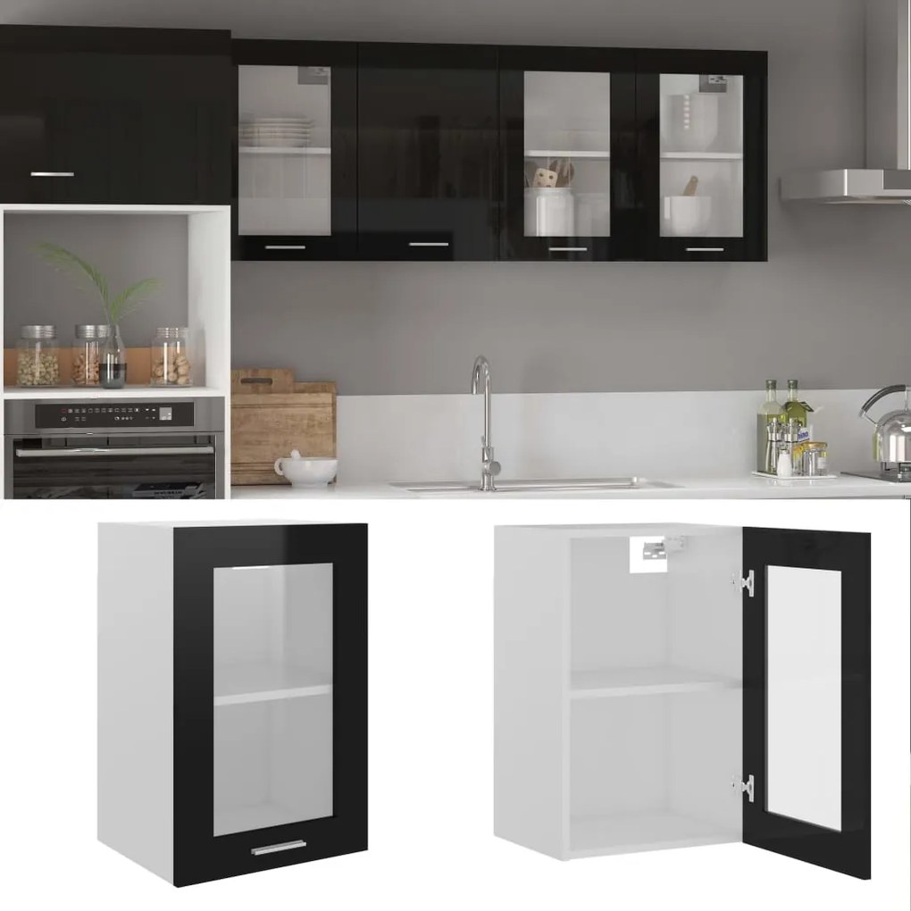 vidaXL Ντουλάπι Κρεμαστό με Τζάμι Γυαλ. Μαύρο 40x31x60 εκ. Μοριοσανίδα