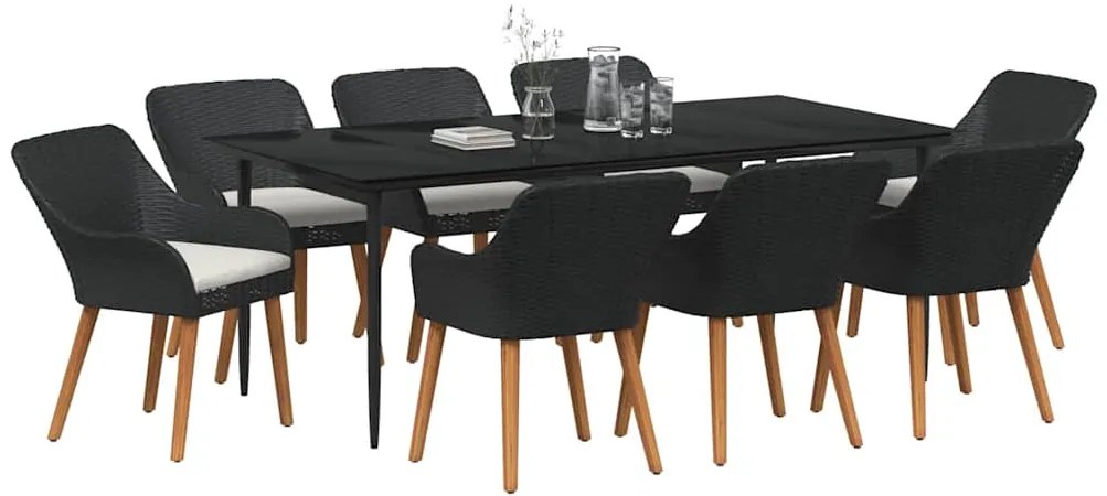 vidaXL Σέτ φαγητού για κήπο με μαξιλάρι 9 pcs Μαύρο συνθετικό ρατάν