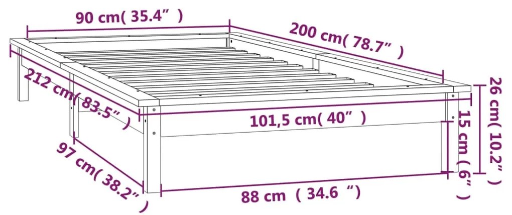 Πλαίσιο Κρεβατιού Με LED Καφέ Μελί 90 x 200 εκ. από Μασίφ Ξύλο - Καφέ