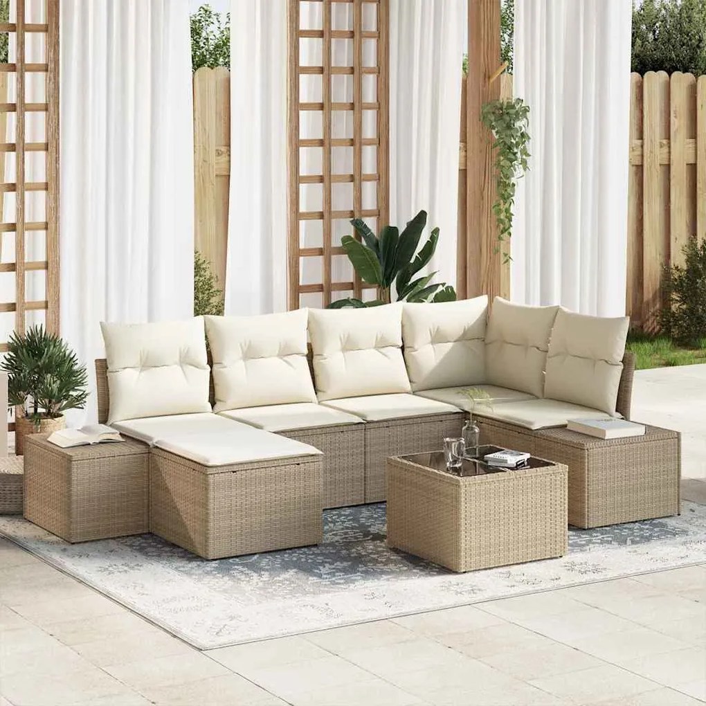 vidaXL Σετ Καναπέ Κήπου με μαξιλάρι 7 pcs Μπεζ και κρεμ Πολυ ράταν