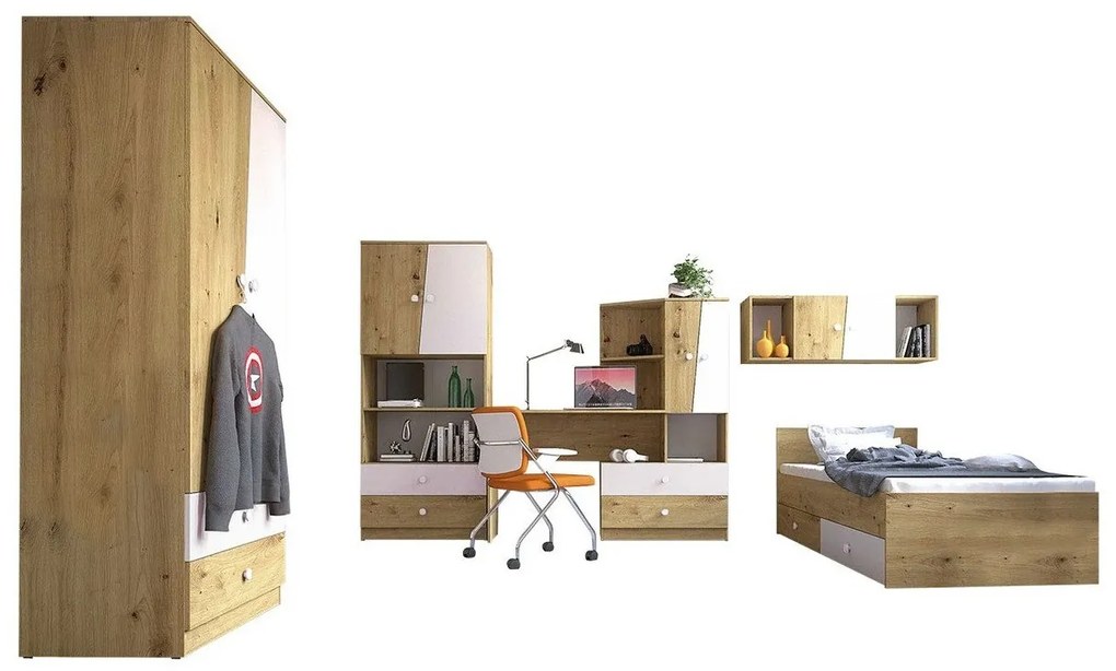 Παιδικό δωμάτιο Akron M118, 252 kg, Artisan βελανιδιά, Άσπρο, Πλαστικοποιημένη μοριοσανίδα, Πόρτες ντουλάπας: Με μεντεσέδες, Τάβλες για Κρεβάτι