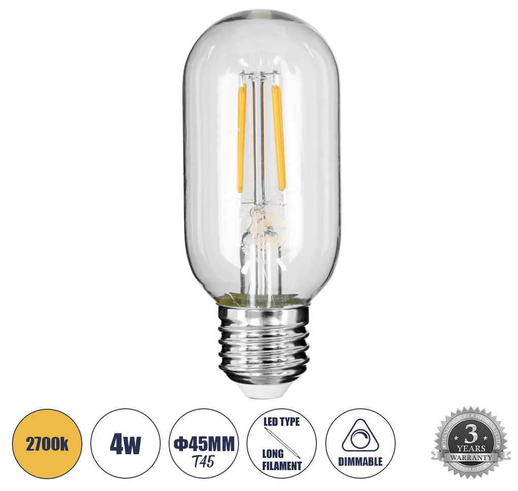 GloboStar® 99018 Λάμπα LED Long Filament E27 T45 Σωλήνας 4W 400lm 360° AC 220-240V IP20 Φ4.5 x Υ11cm Θερμό Λευκό 2700K με Διάφανο Γυαλί - Dimmable - 3 Years Warranty