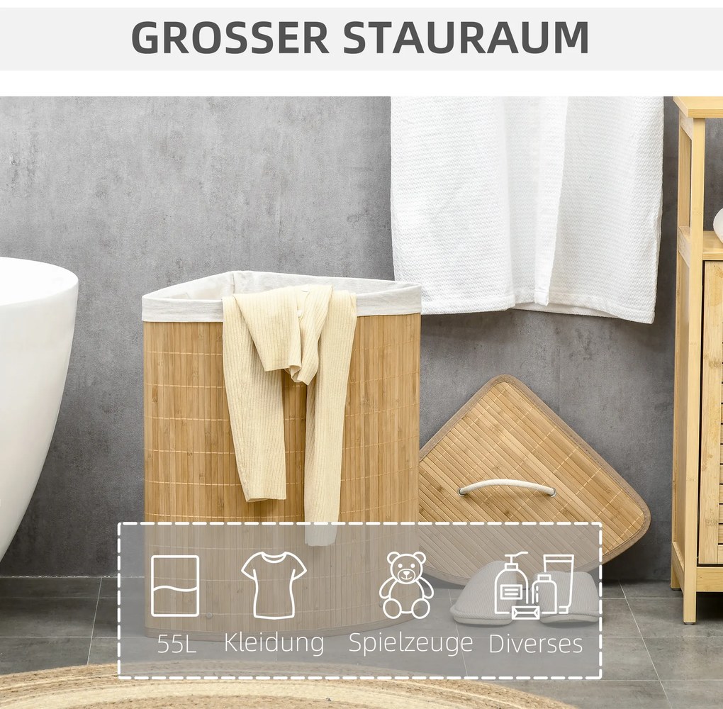 HOMCOM Καλάθι απλύτων 55 L με καπάκι, λαβή, διαλογέας απλύτων με αφαιρούμενη τσάντα πλυντηρίου για μπάνιο, μπαμπού, φυσικό