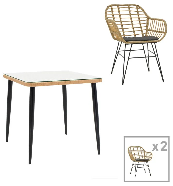 Τραπεζαρία Naoki V σετ 3τεμ  rattan pe σε φυσική απόχρωση και μαύρο μέταλλο 80x80x78εκ