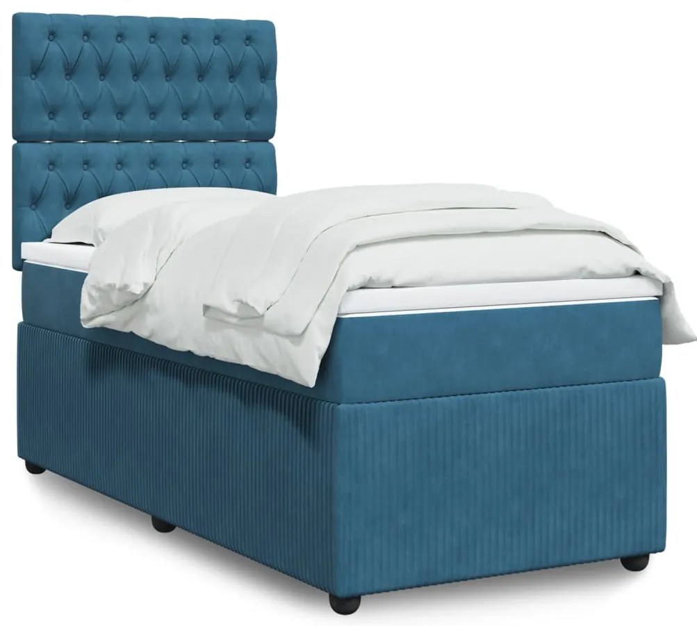 vidaXL Κρεβάτι Boxspring με Στρώμα Σκούρο Μπλε 90x190 εκ. Βελούδινο