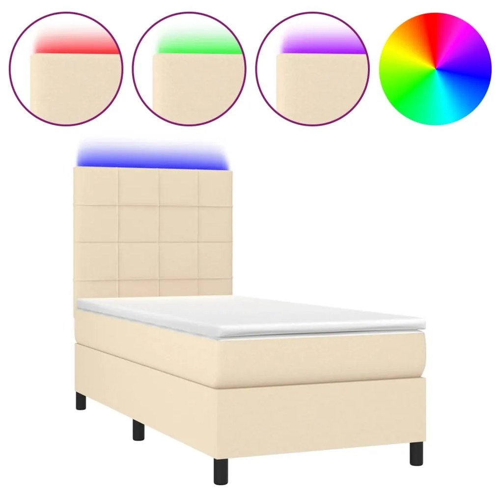 ΚΡΕΒΑΤΙ BOXSPRING ΜΕ ΣΤΡΩΜΑ &amp; LED ΚΡΕΜ 90X200 ΕΚ. ΥΦΑΣΜΑΤΙΝΟ 3134850