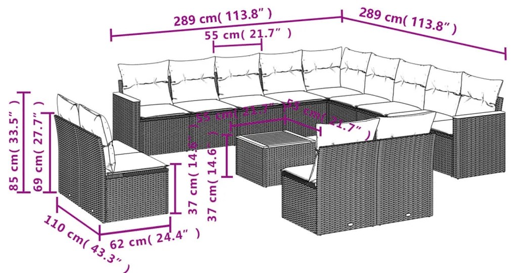vidaXL Σαλόνι Κήπου Σετ 14 Τεμαχίων με Μαξιλάρια Μπεζ Συνθετικό Ρατάν