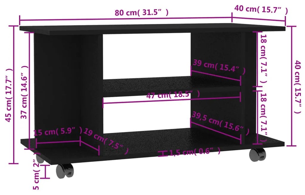 vidaXL Έπιπλο Τηλεόρασης με Ρόδες Μαύρο 80x40x45 εκ. Επεξ. Ξύλο