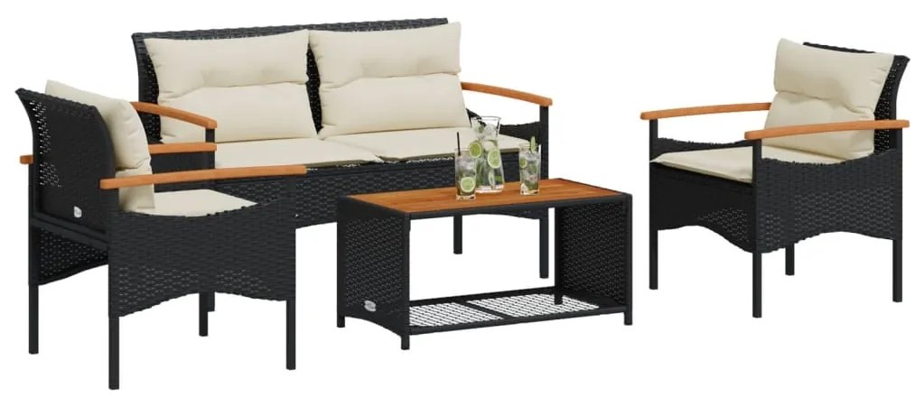 vidaXL Σαλόνι Κήπου Σετ 4 Τεμαχίων με Μαξιλάρια Μαύρο Συνθετικό Ρατάν