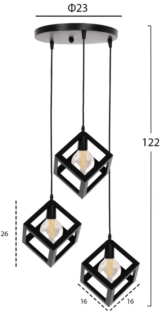 ΦΩΤΙΣΤΙΚΟ ΟΡΟΦΗΣ ΚΡΕΜΑΣΤΟ  3 ΚΥΒΟΙ ΜΑΥΡΟ ΜΕΤΑΛΛΟ Φ23x122Yεκ.