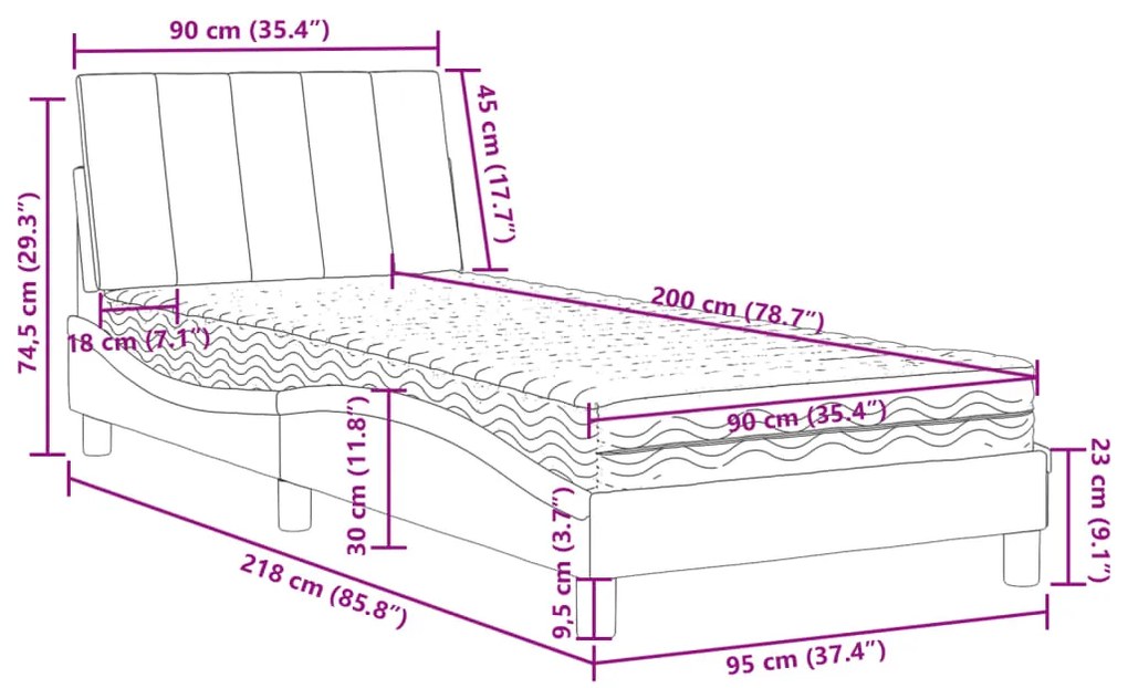 Κρεβάτι με Στρώμα Ανοιχτό Γκρι 90x200 εκ. Βελούδινο - Γκρι