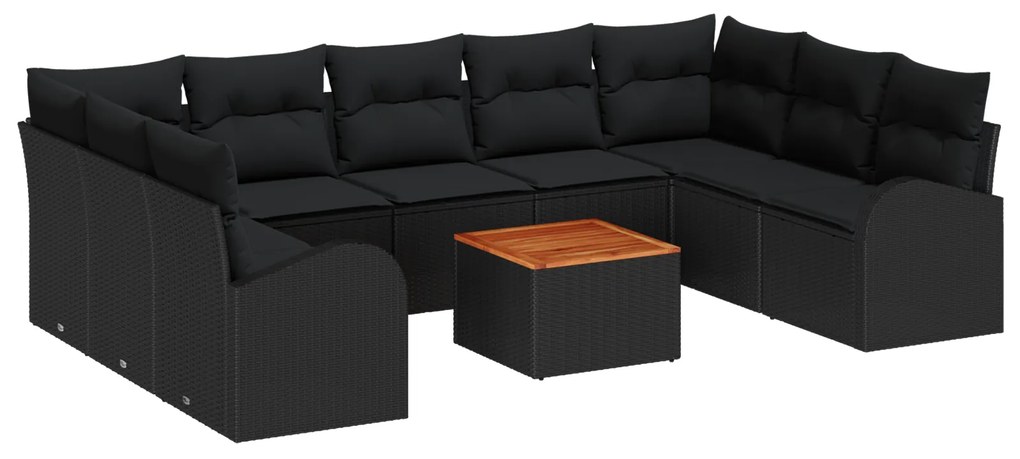 vidaXL Σετ καναπέ κήπου 10 pcs Μαύρο Μεγάλο Ρατάν, Ξύλο, Ύφασμα