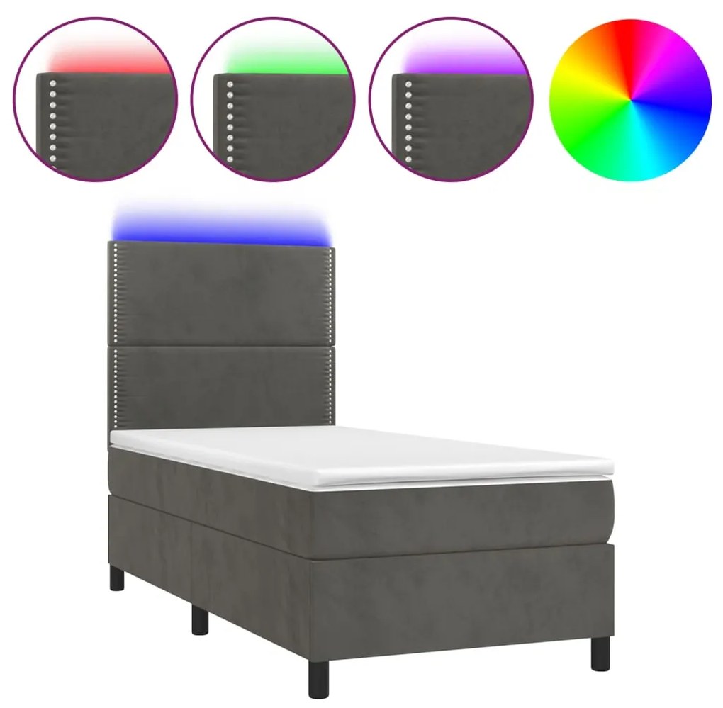 vidaXL Κρεβάτι Boxspring με Στρώμα & LED Σκ. Γκρι 90x200 εκ. Βελούδινο