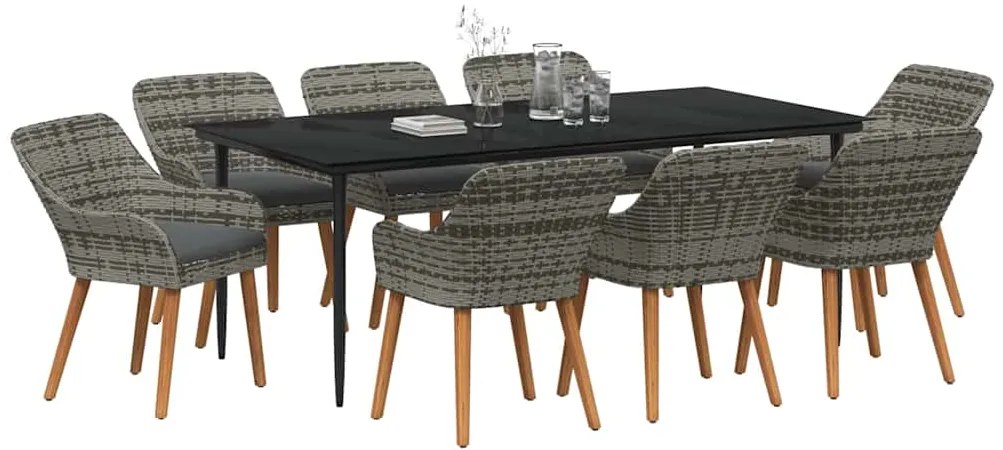vidaXL Σέτ φαγητού για κήπο με μαξιλάρι 9 pcs Γκρι συνθετικό ρατάν