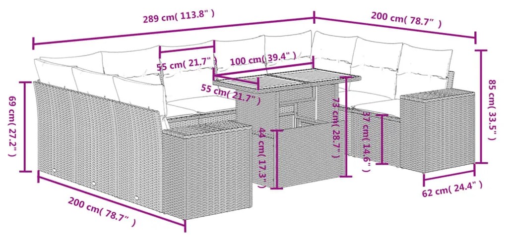 vidaXL Σαλόνι Κήπου 10 Τεμαχίων Γκρι από Συνθετικό Ρατάν με Μαξιλάρια