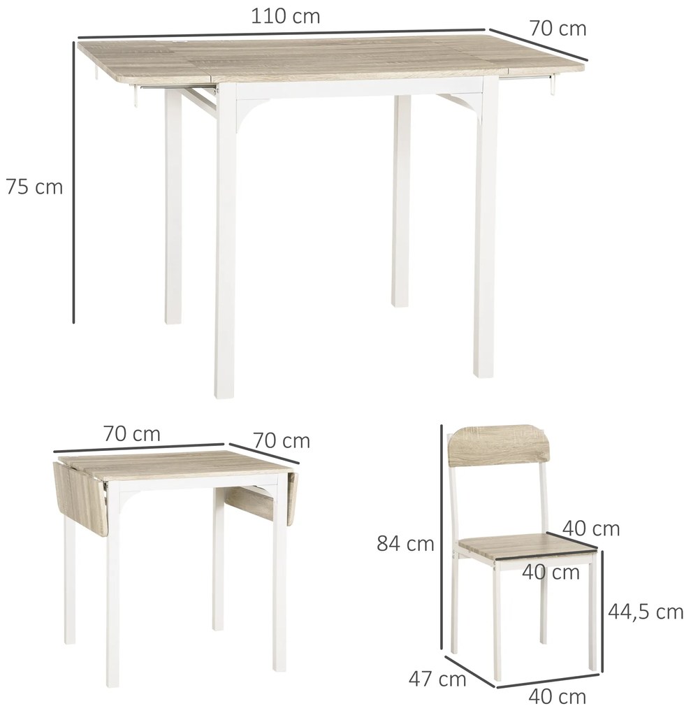 HOMCOM Σετ καθιστικού 2 τεμαχίων, Πτυσσόμενο τραπέζι τραπεζαρίας με 2 καρέκλες, Πτυσσόμενο τραπέζι, 110 cm x 70 cm x 75 cm, Λευκό + Φυσικό