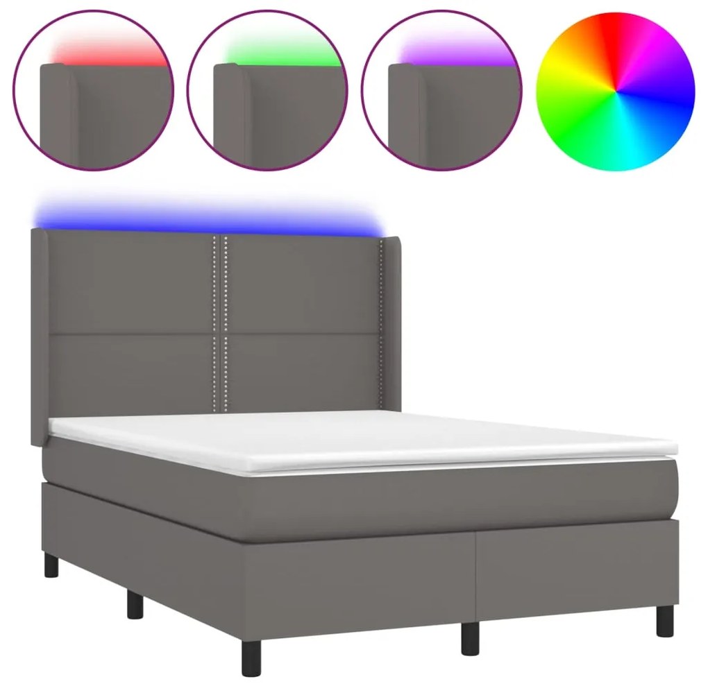 vidaXL Κρεβάτι Boxspring με Στρώμα &amp; LED Γκρι 140x200 εκ. Συνθ. Δέρμα