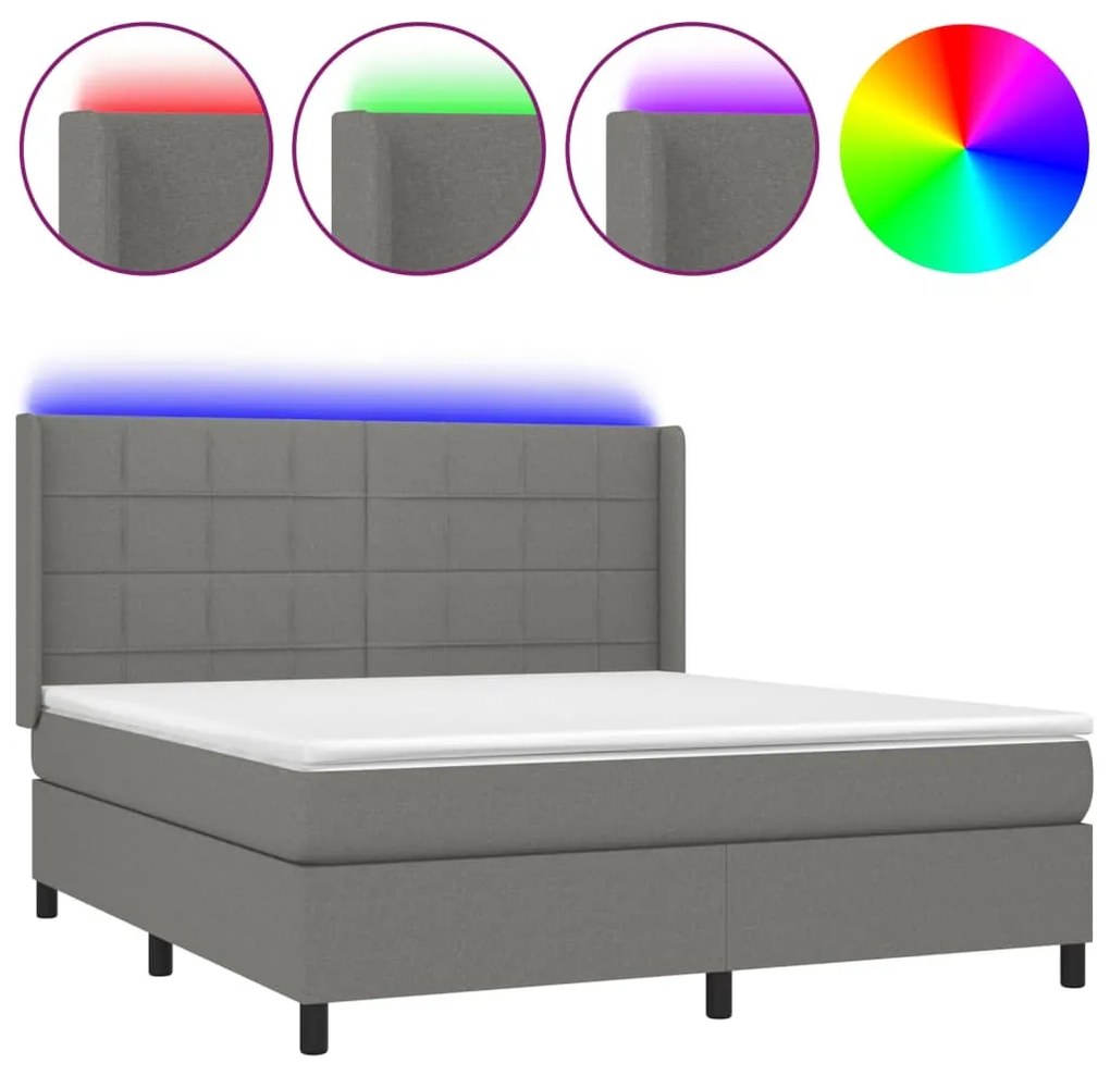 vidaXL Κρεβάτι Boxspring με Στρώμα & LED Σκ.Γκρι 180x200 εκ Υφασμάτινο