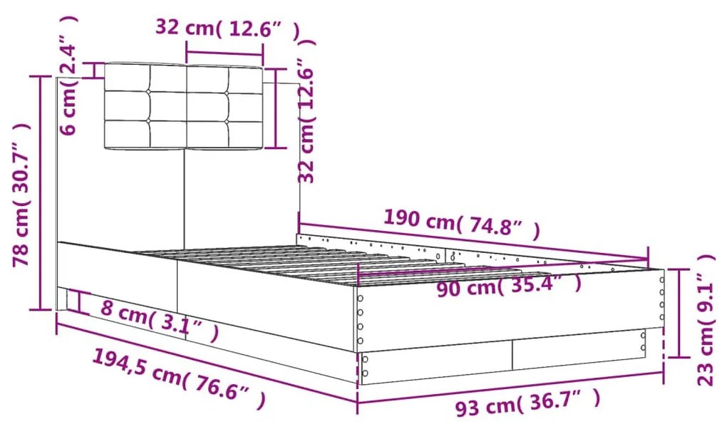 Πλαίσιο Κρεβατιού με Κεφαλάρι Καφέ Δρυς 90x190 εκ. Επεξ. Ξύλο - Καφέ