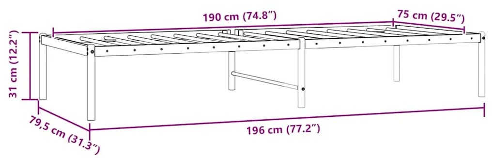 vidaXL Πλαίσιο Κρεβατιού Μαύρο 75 x 190 εκ. Μεταλλικό