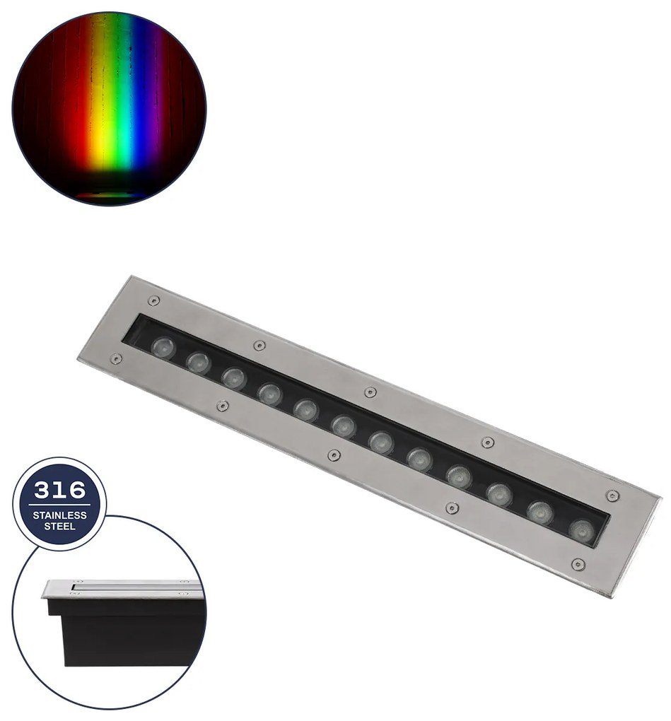 GloboStar® UNDERGROUND-REMVI 90193 Χωνευτό Φωτιστικό Wall Washer Δαπέδου LED 12W 1020lm 10° DC 24V Αδιάβροχο IP68 L50 x W9 x H7.2cm RGBW DMX512 - Ανοξείδωτο Ατσάλι - 3 Years Warranty