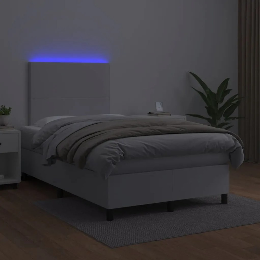 vidaXL Κρεβάτι Boxspring με Στρώμα & LED Λευκό 120x190 εκ. Συνθ. Δέρμα