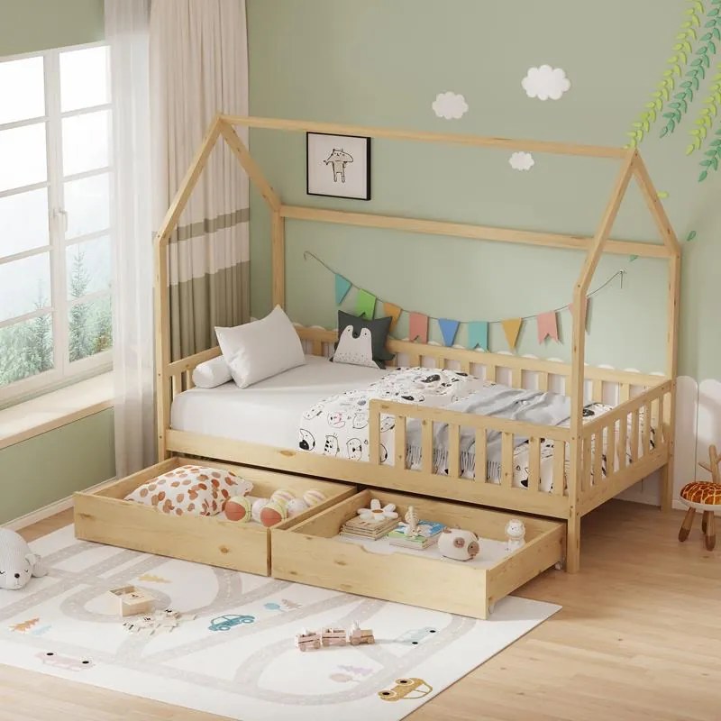 Κρεβάτι παιδικό Piccolo τύπου Montessori με 2 συρτάρια ξύλο πεύκου φυσικό 90x190 εκ. 90x190x160.5 εκ.