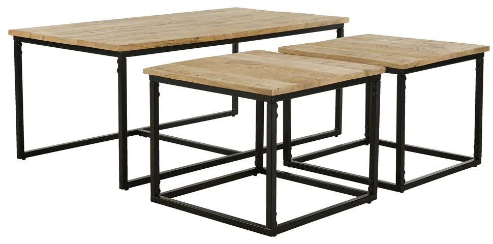 QUADRO COFFEE TABLE SET 3ΤΕΜ ΦΥΣΙΚΟ ROUGH ΜΑΥΡΟ 110x60xH45cm