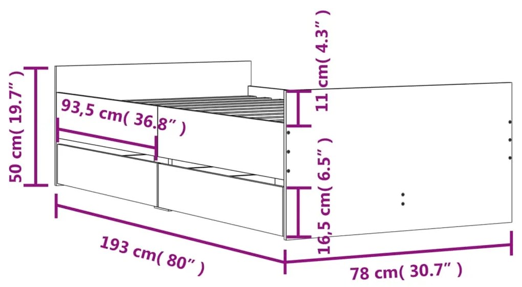 Πλαίσιο Κρεβατιού Με Συρτάρια Καφέ Δρυς 75x190 εκ Small Single - Καφέ