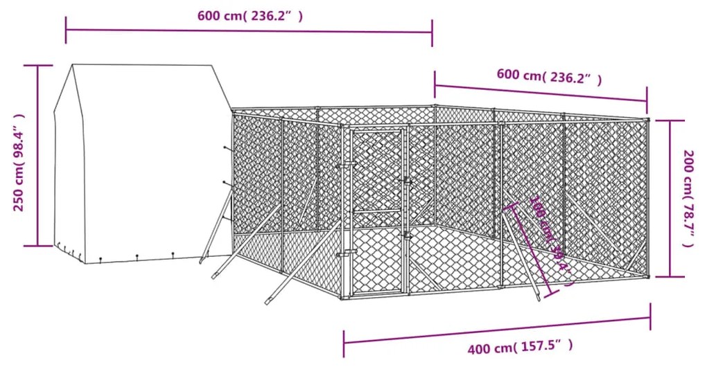 vidaXL Κλουβί Σκύλου Εξ. Χώρου με Οροφή Ασημί 6x6x2,5 μ. Γαλβ. Ατσάλι