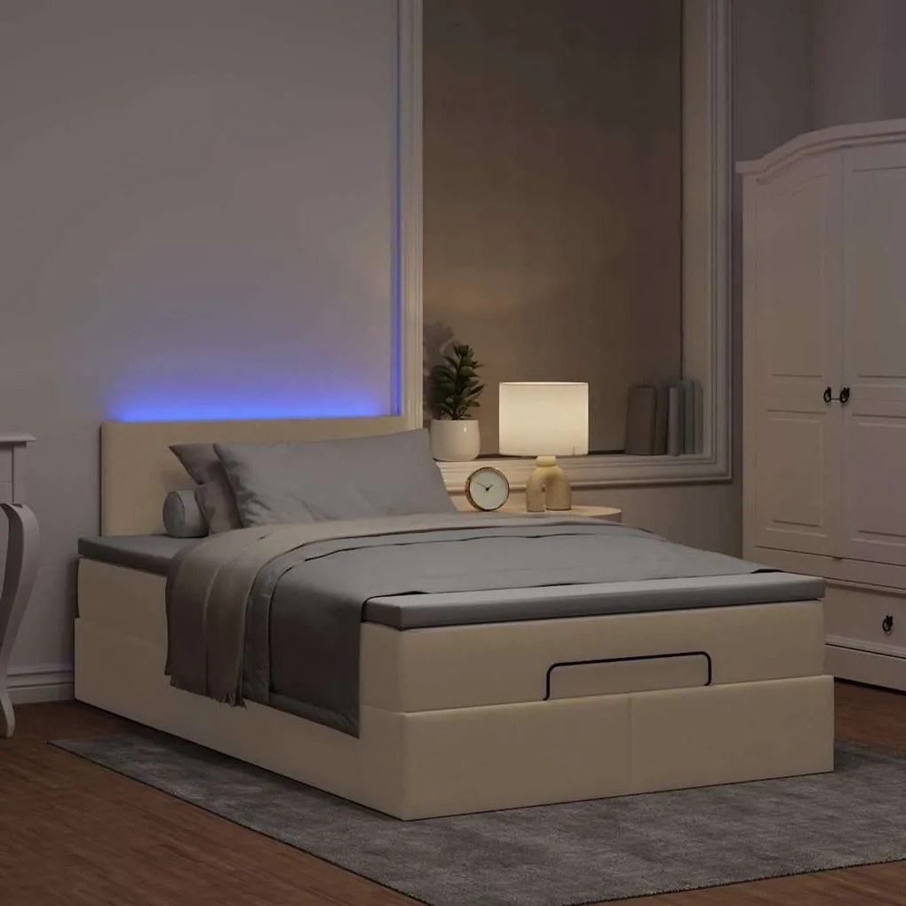 Οθωμανικό κρεβάτι με στρώμα &amp; LEDs Cream 120x190cm ύφασμα - Κρεμ