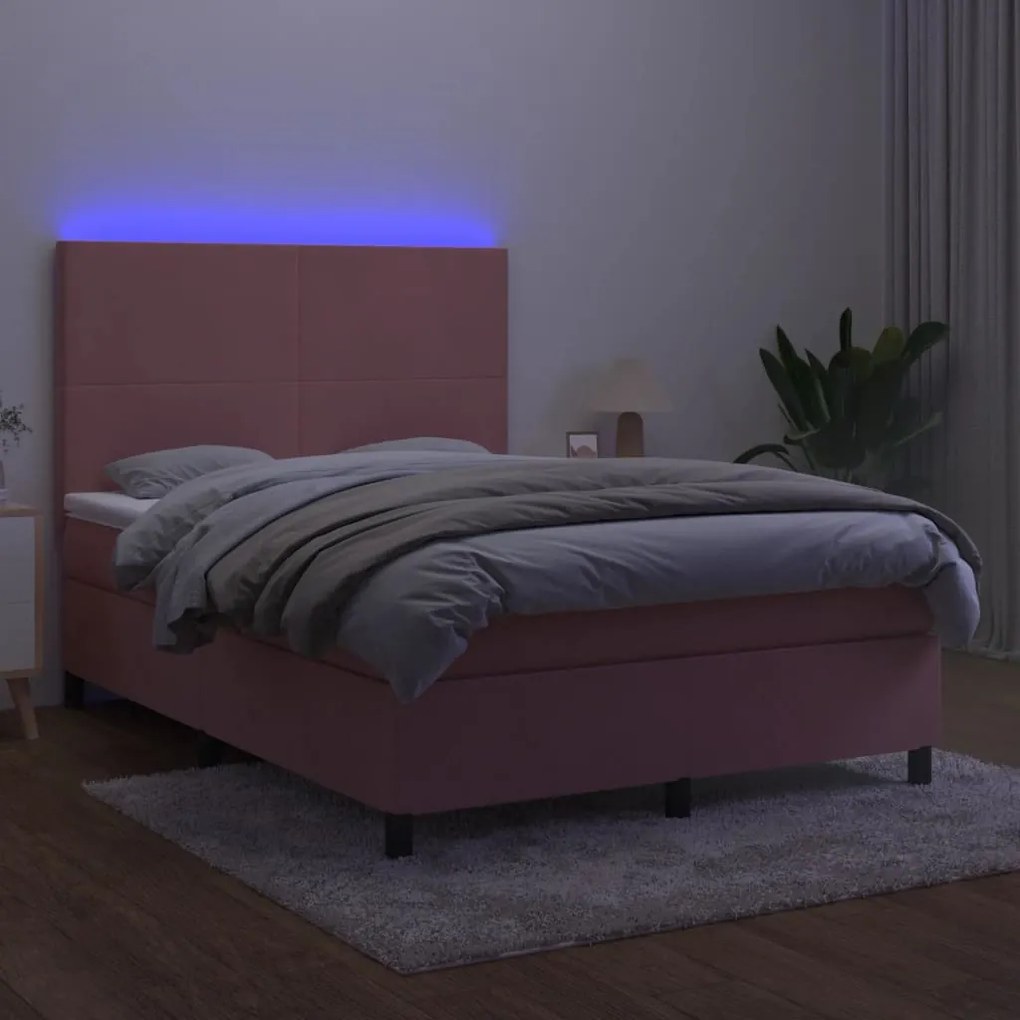 vidaXL Κρεβάτι Boxspring με Στρώμα & LED Ροζ 140x200 εκ. Βελούδινο