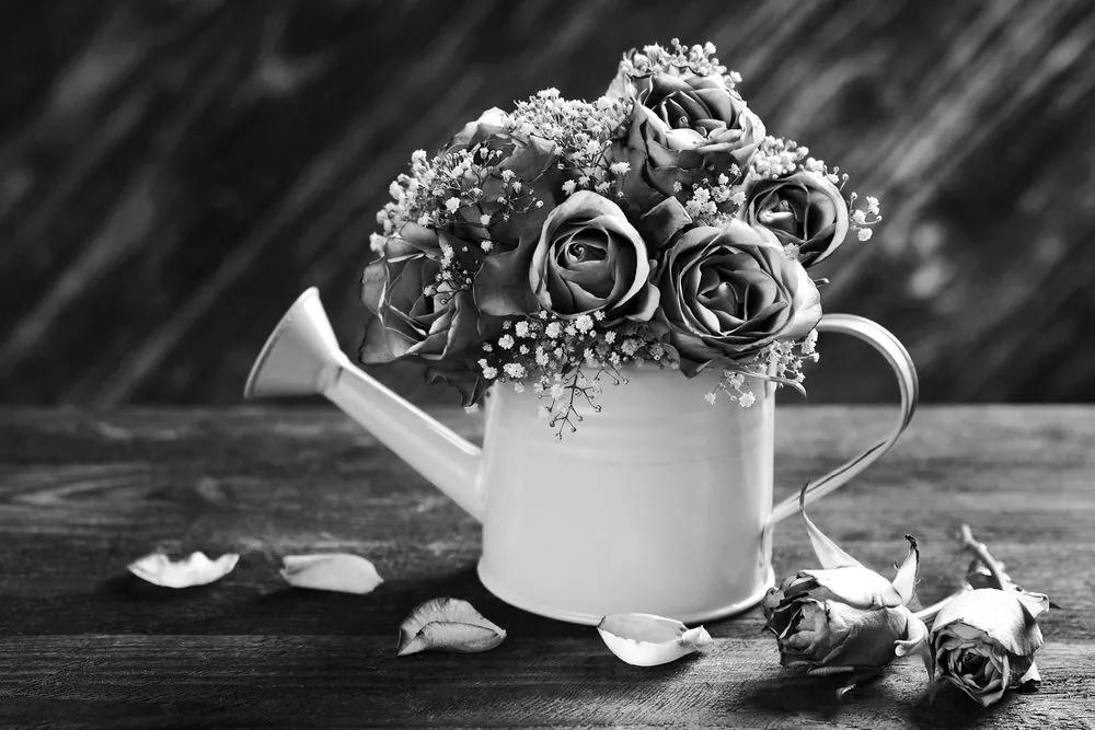 Εικόνα ενός τριαντάφυλλου σε μια κούπα σε μαύρο & άσπρο - 60x40
