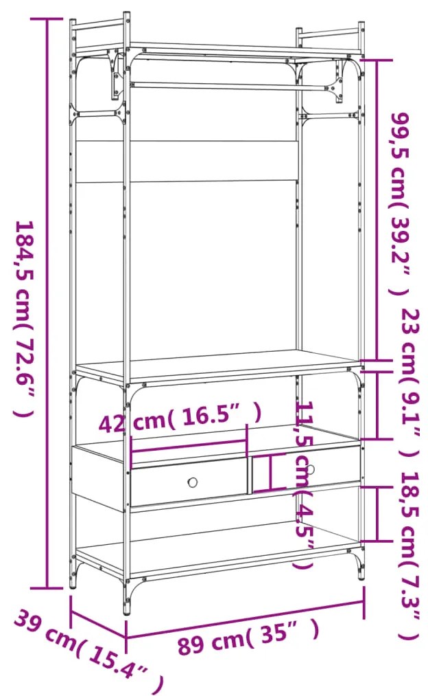 Ντουλάπα με Συρτάρια Καπνιστή Δρυς 89x39x184,5εκ. Επεξεργ. Ξύλο - Καφέ