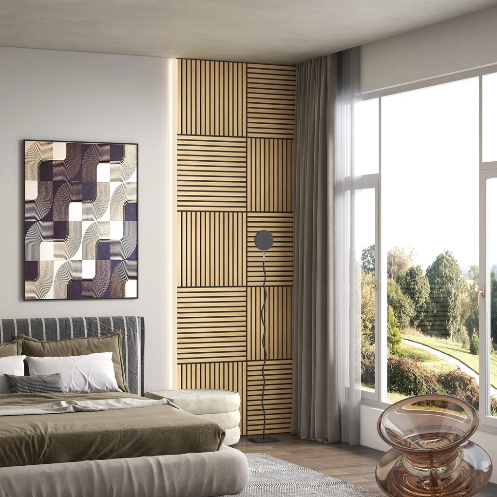 HOMCOM Ακουστικό Πάνελ, Ηχοαπορρόφηση, DIY Πάνελ με Λάμες, MDF &amp; Πολυεστέρας, Εύκολη Εγκατάσταση, Δρυς