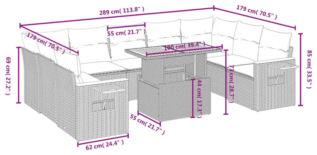 vidaXL Σαλόνι Κήπου Σετ 10 Τεμαχίων Μαύρο Συνθετικό Ρατάν με Μαξιλάρια