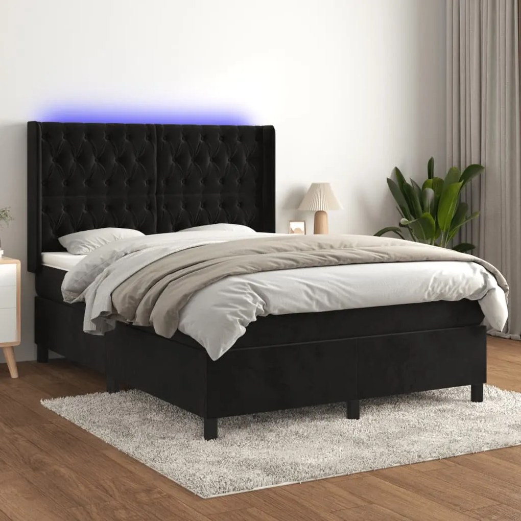 vidaXL Κρεβάτι Boxspring με Στρώμα & LED Μαύρο 140x200 εκ. Βελούδινο