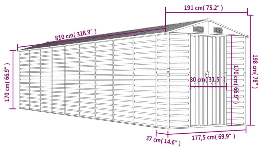 Αποθήκη Κήπου Ανοιχτό Γκρι 191x810x198 εκ. Γαλβανισμένο Ατσάλι - Γκρι