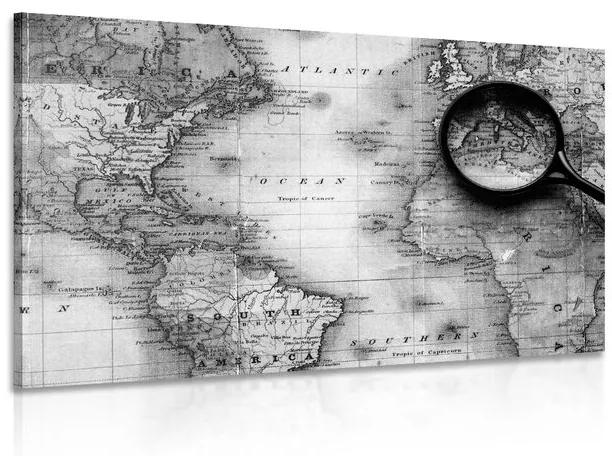 Εικόνα ασπρόμαυρο παγκόσμιο χάρτη με μεγεθυντικό φακό