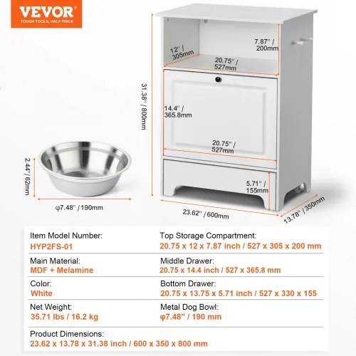 VEVOR Pet Feeding Station w/ 2 Elevated Dog Bowls Dog Food &amp; Toy Storage Cabinet