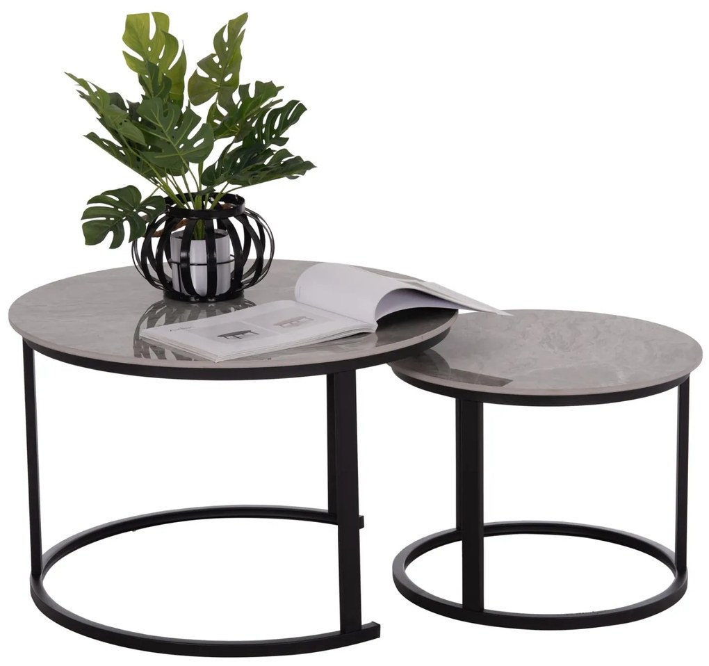 Τραπεζάκια σαλονιού TALOS Σετ 2 τμχ. Κεραμικό TOP με Όψη Γκρί Μαρμάρου Φ70 + Φ50εκ. 70x70x45.5 εκ.