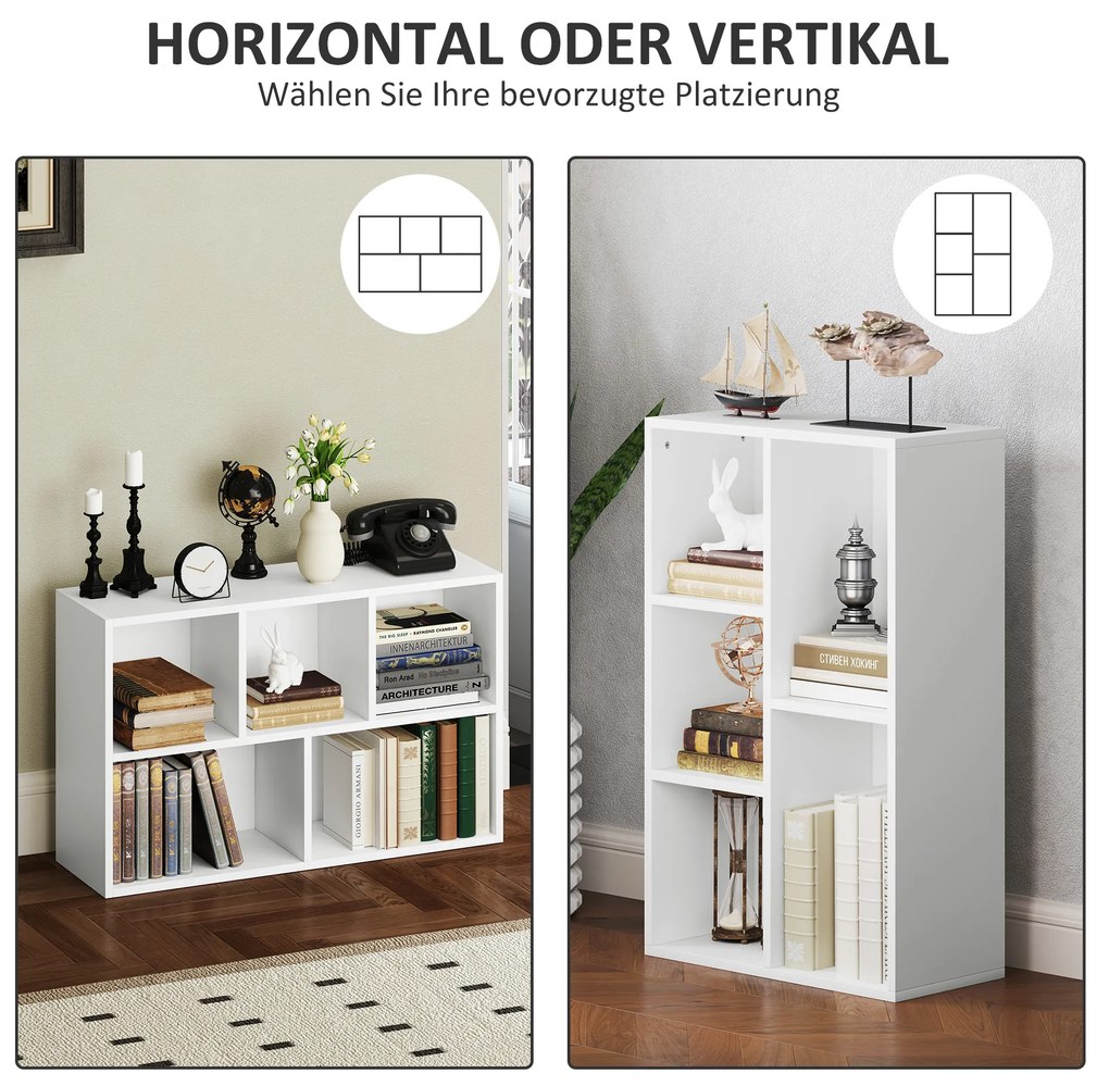 HOMCOM Ράφι βιβλιοθήκης 2 επιπέδων, 5 ράφια, Πλάκα μορίων, Ράφι αποθήκευσης, Λευκό