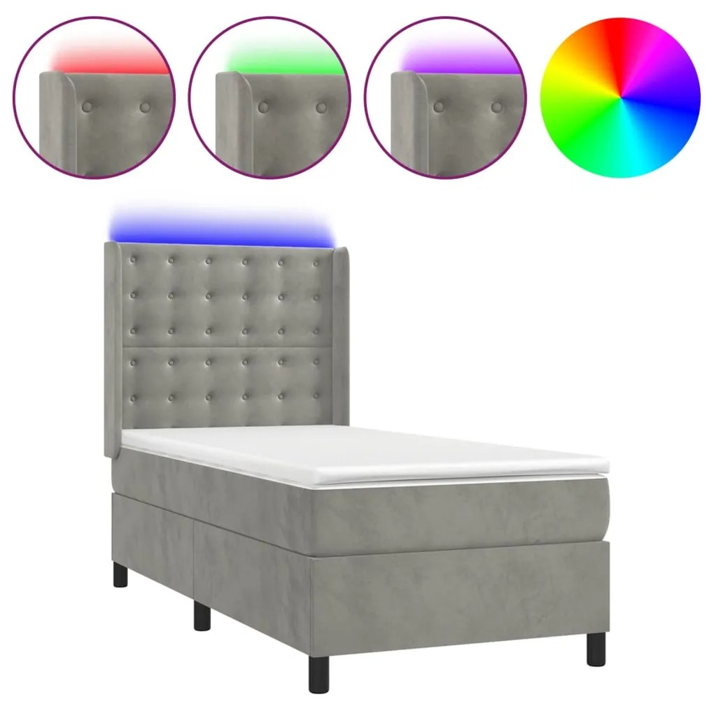 vidaXL Κρεβάτι Boxspring με Στρώμα & LED Αν.Γκρι 80x200 εκ. Βελούδινο