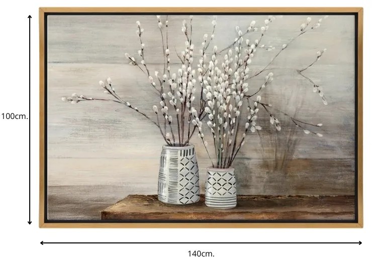 Πίνακας σε καμβά \&quot;Willow Flowers\&quot; Megapap ψηφιακής εκτύπωσης με κορνίζα χρώμα χρυσό 140x100x3εκ.